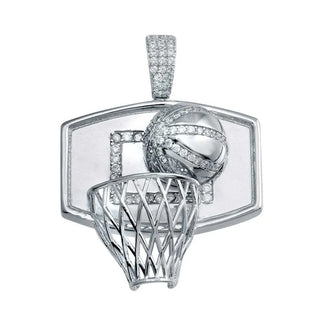 925 Sterling Silver Rhodium Plated CZ Basketball Hoop Hip Hop Pendant