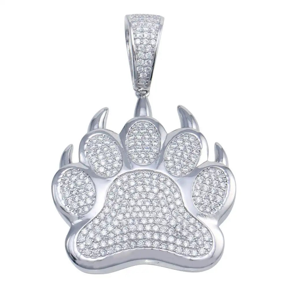 925 Sterling Silver Rhodium Plated Bear Paw Hip Hop Pendant
