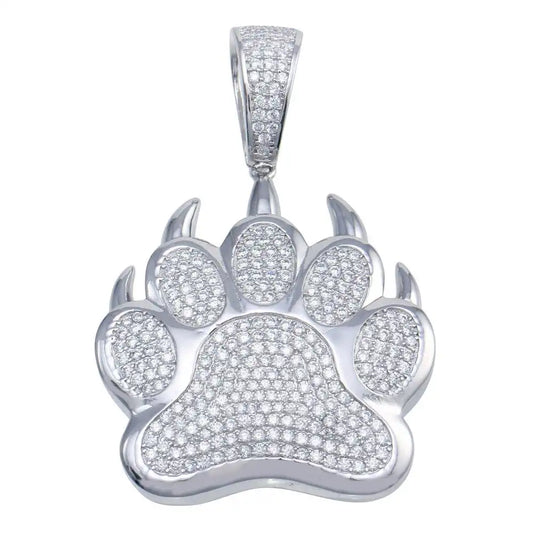 925 Sterling Silver Rhodium Plated Bear Paw Hip Hop Pendant