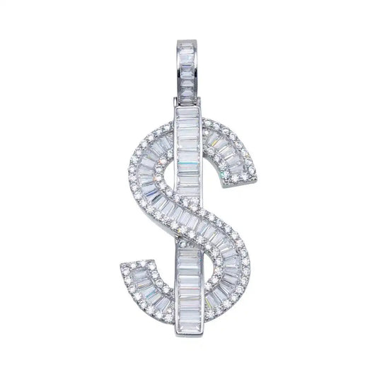 925 Sterling Silver Rhodium Plated Dollar Sign Baguette CZ Hip Hop Pendant