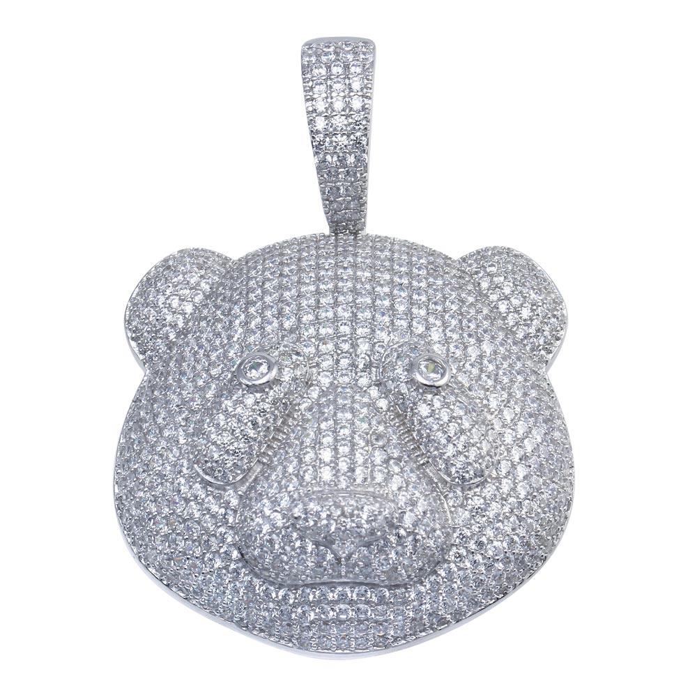 925 Sterling Silver Rhodium Plated Bear Head Hip Hop Pendant