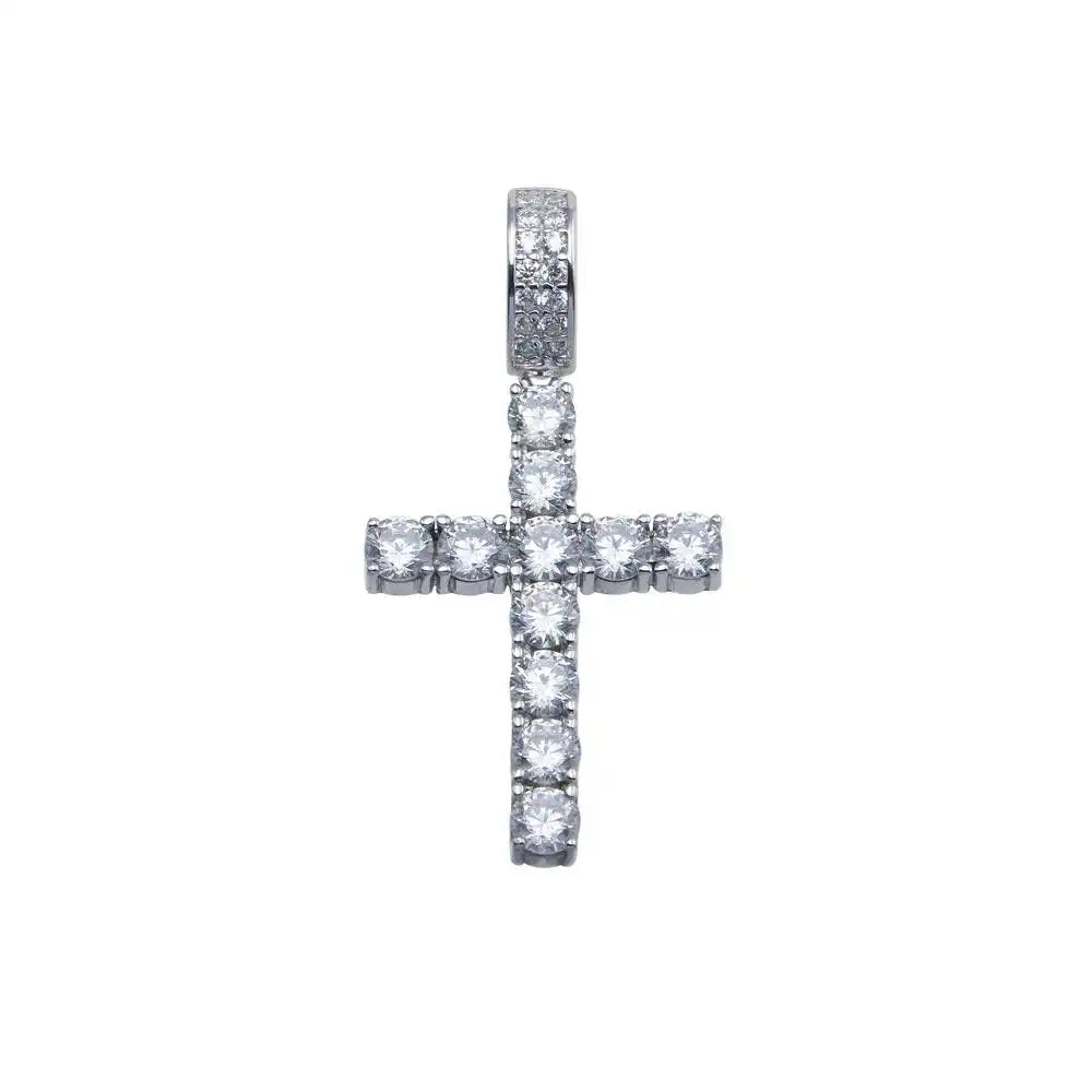 925 Sterling Silver Rhodium Plated Moissanite Cross Hip Hop 21mm x 29mm Pendant