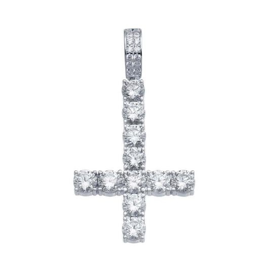 925 Sterling Silver Rhodium Plated CZ Upside Down Cross Hip Hop Pendant