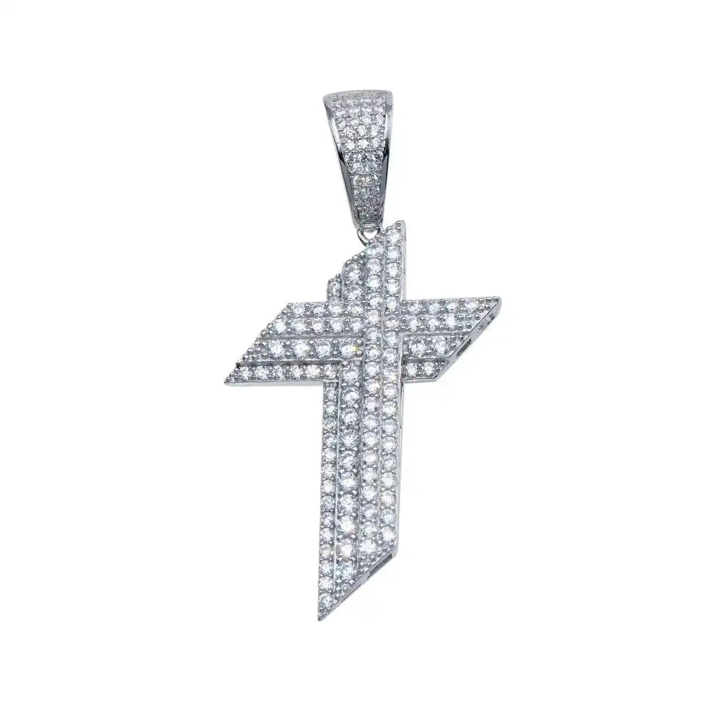 925 Sterling Silver Rhodium Plated CZ Angled Cross Hip Hop Pendant