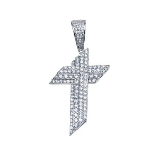 925 Sterling Silver Rhodium Plated CZ Angled Cross Hip Hop Pendant