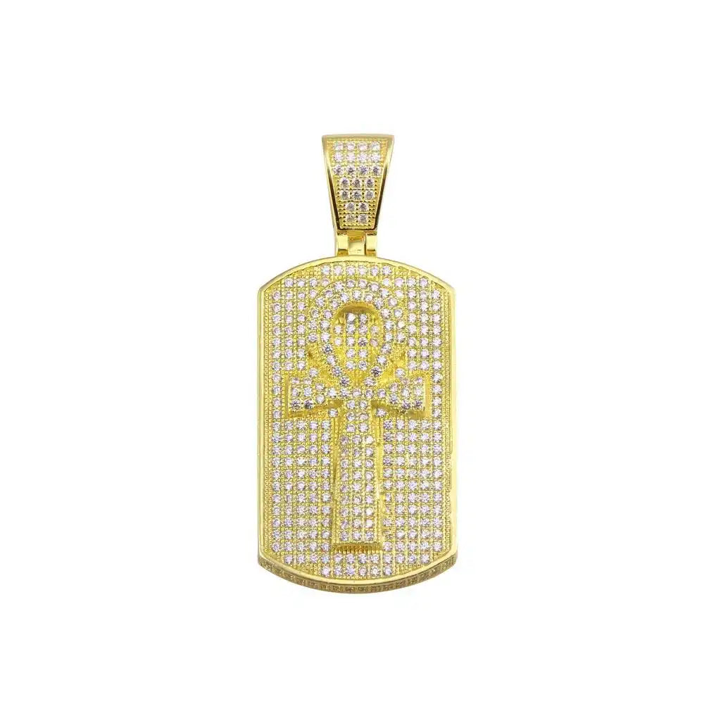 925 Sterling Silver Gold Plated CZ Cross Dogtag Hip Hop Pendant