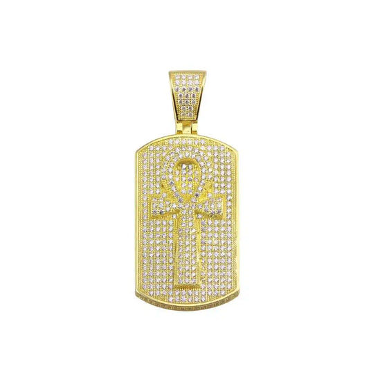 925 Sterling Silver Gold Plated CZ Cross Dogtag Hip Hop Pendant