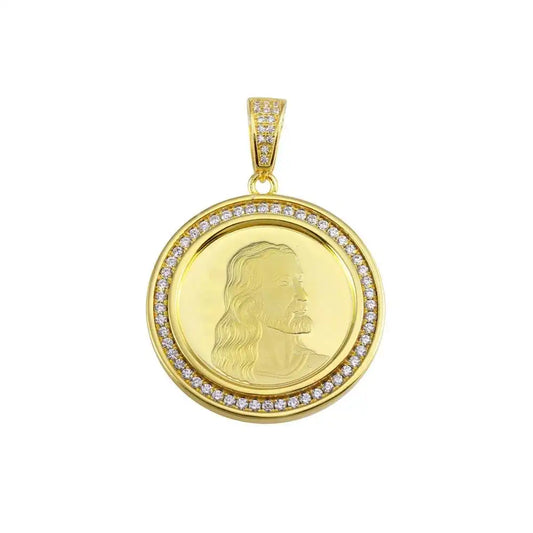 925 Sterling Silver Gold Plated CZ Jesus Medallion Hip Hop Pendant