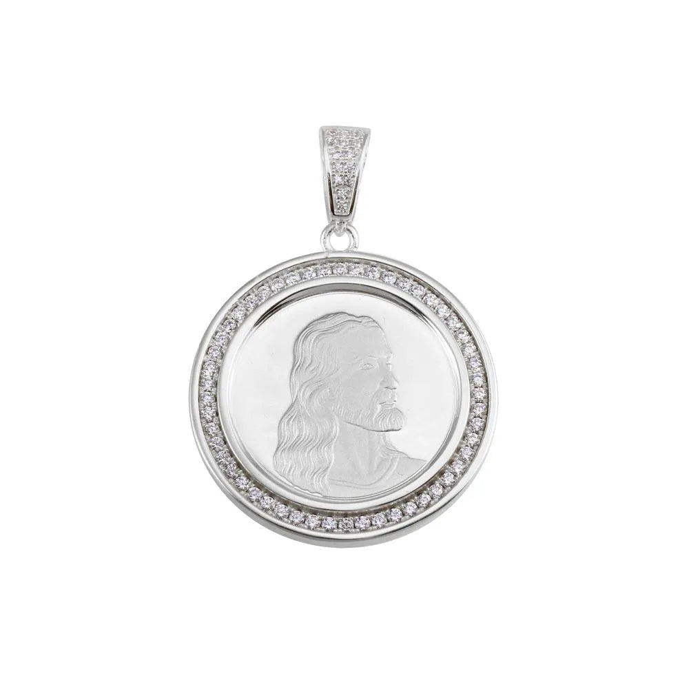 925 Sterling Silver Rhodium Plated CZ Jesus Medallion Hip Hop Pendant