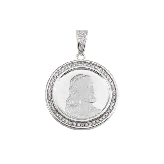 925 Sterling Silver Rhodium Plated CZ Jesus Medallion Hip Hop Pendant