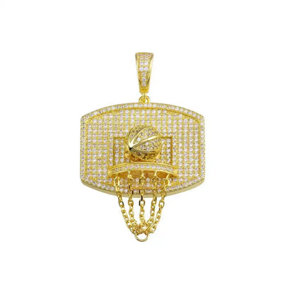 925 Sterling Silver Gold Plated CZ Basketball Hoop Hip Hop Pendant