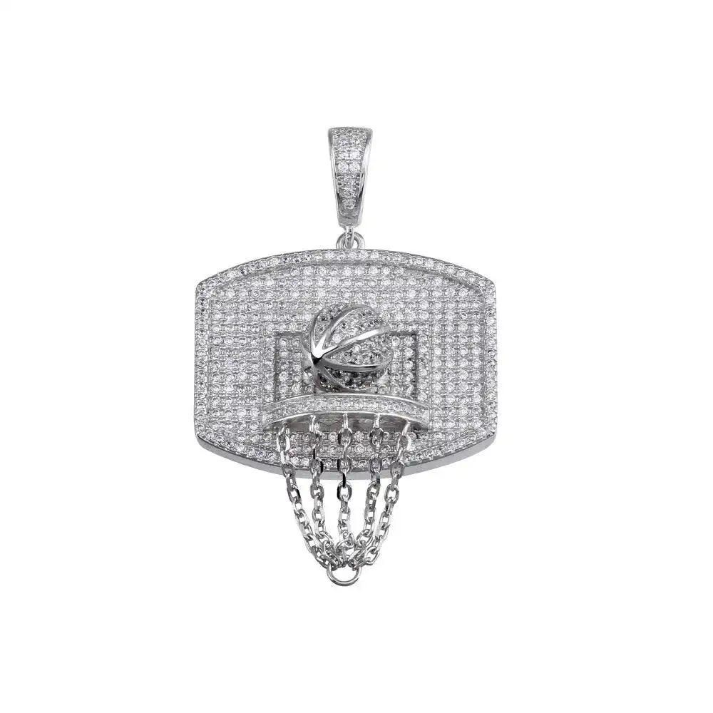 925 Sterling Silver Rhodium Plated CZ Basketball Hoop Hip Hop Pendant