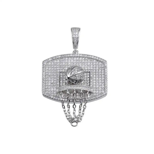 925 Sterling Silver Rhodium Plated CZ Basketball Hoop Hip Hop Pendant