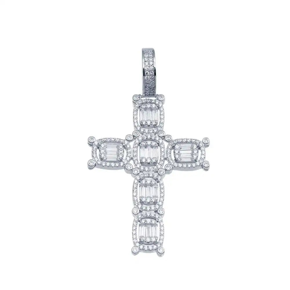 925 Sterling Silver Rhodium Plated CZ Cross Hip Hop Pendant