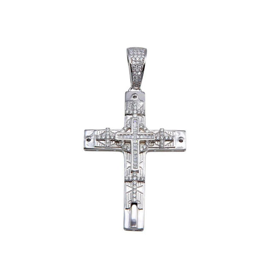 925 Sterling Silver Rhodium Plated CZ Cross Hip Hop Pendant
