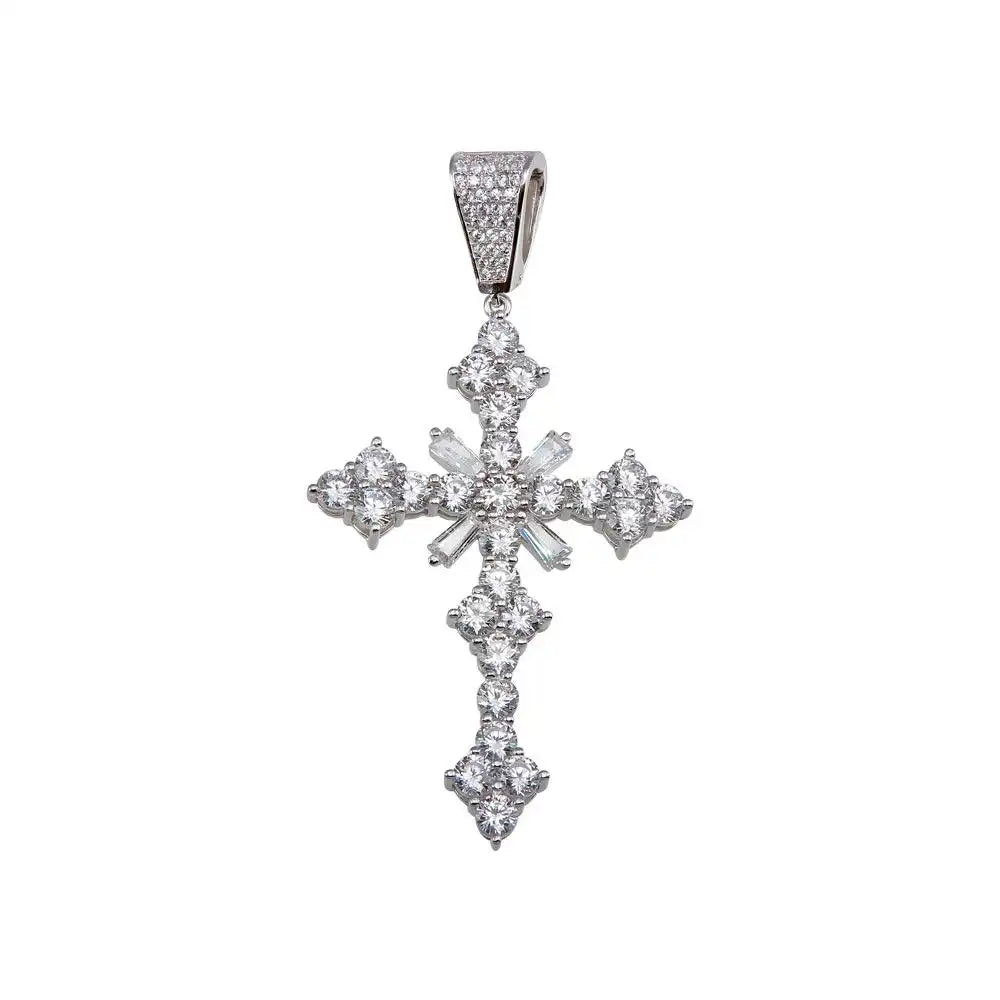 925 Sterling Silver Rhodium Plated Baguette CZ Cross Hip Hop Pendant