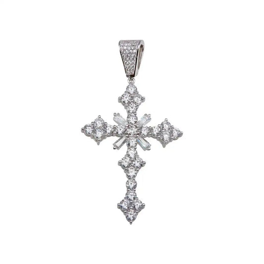 925 Sterling Silver Rhodium Plated Baguette CZ Cross Hip Hop Pendant