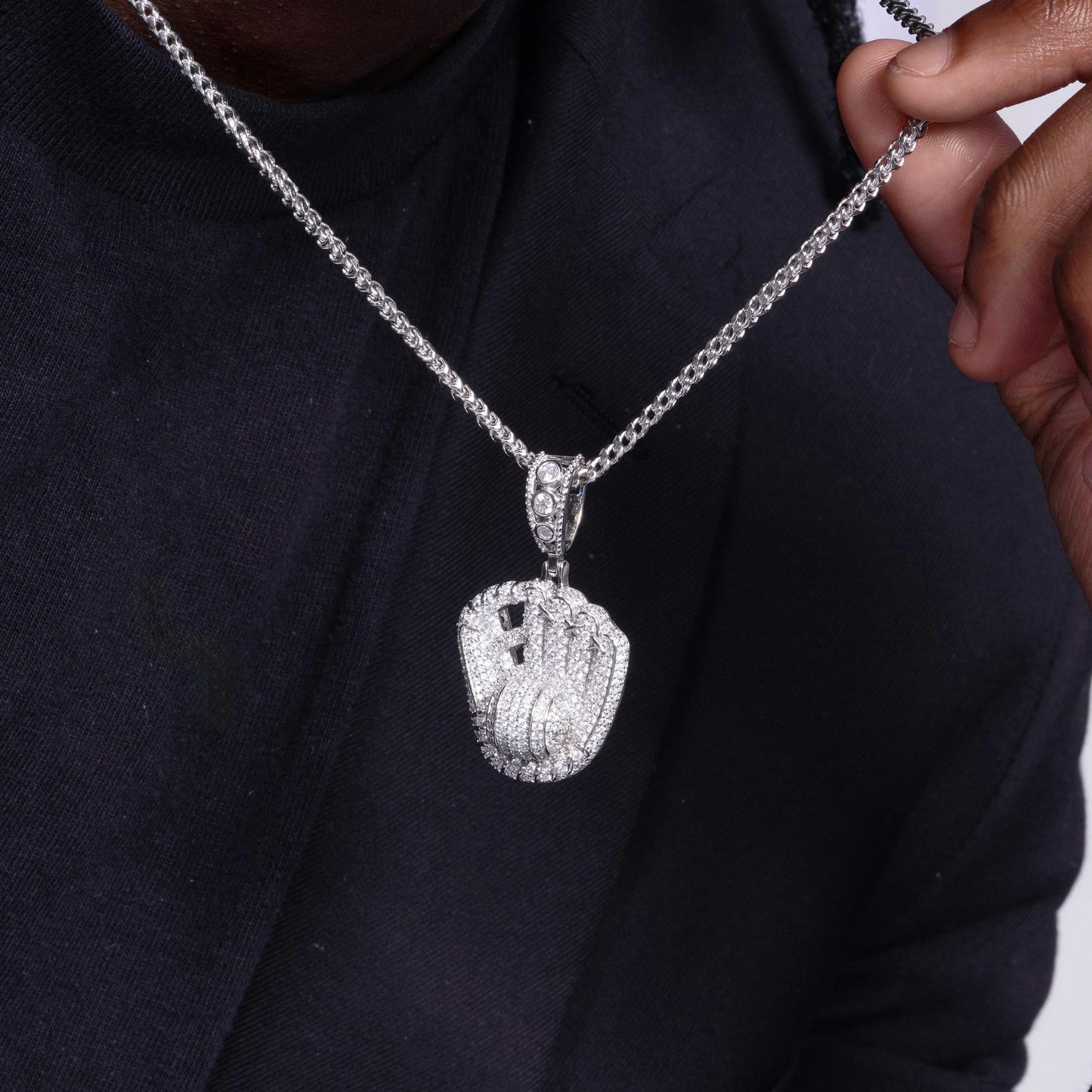 925 Sterling Silver Rhodium Plated Baseball Gloves Clear CZ Pendant