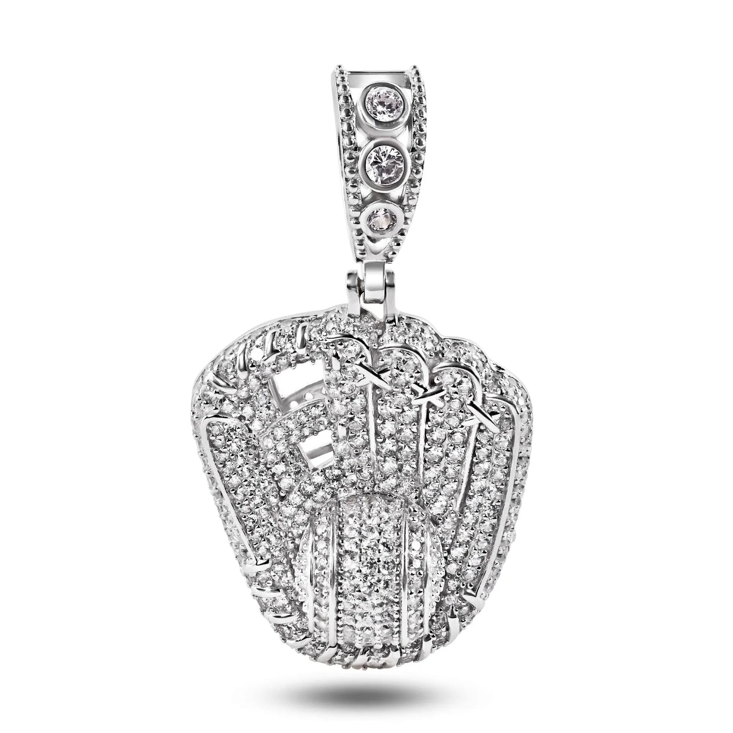925 Sterling Silver Rhodium Plated Baseball Gloves Clear CZ Pendant