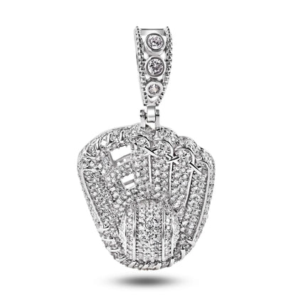 925 Sterling Silver Rhodium Plated Baseball Gloves Clear CZ Pendant