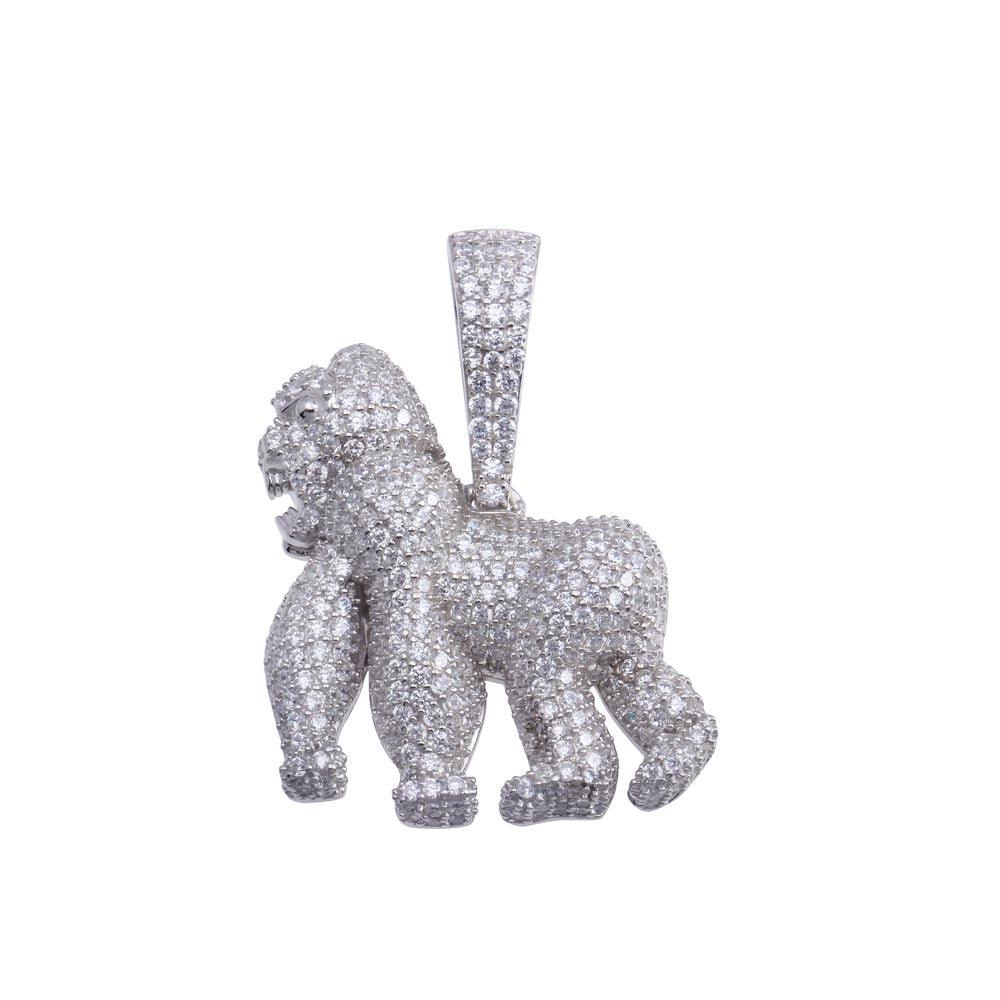925 Sterling Silver Rhodium Plated CZ Gorilla Hip Hop Pendant