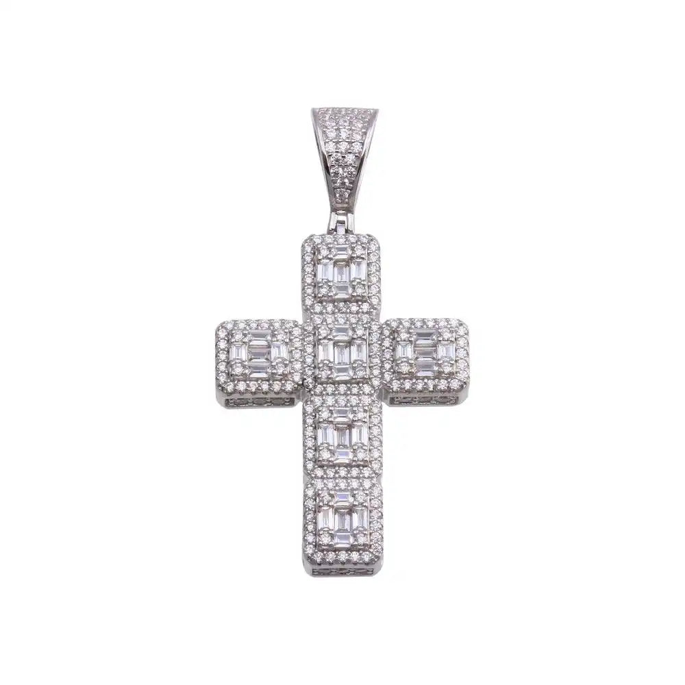 925 Sterling Silver Rhodium Plated CZ Cross Hip Hop Pendant