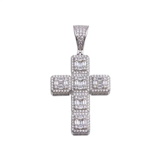 925 Sterling Silver Rhodium Plated CZ Cross Hip Hop Pendant
