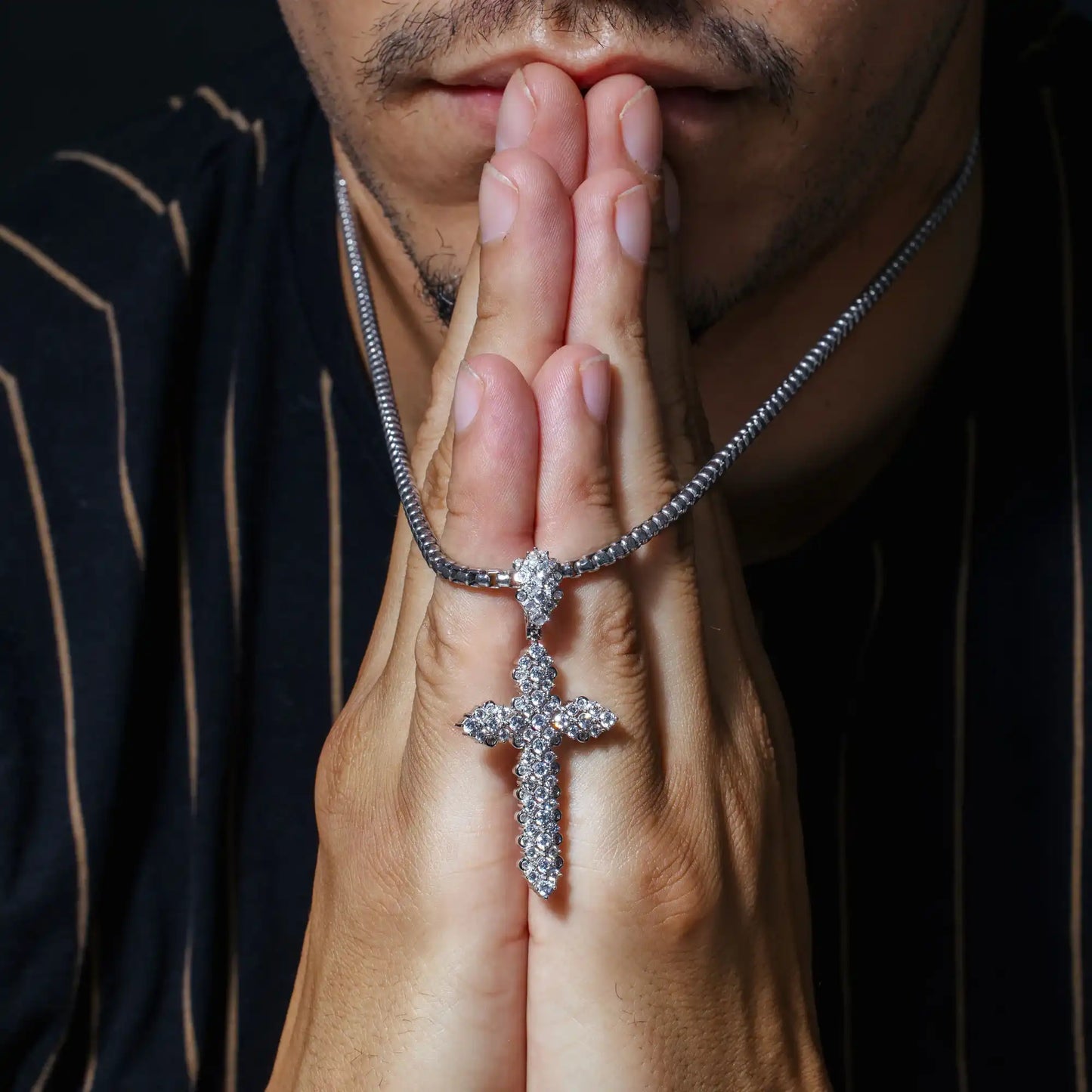 925 Sterling Silver Rhodium Plated CZ Cross Hip Hop Pendant