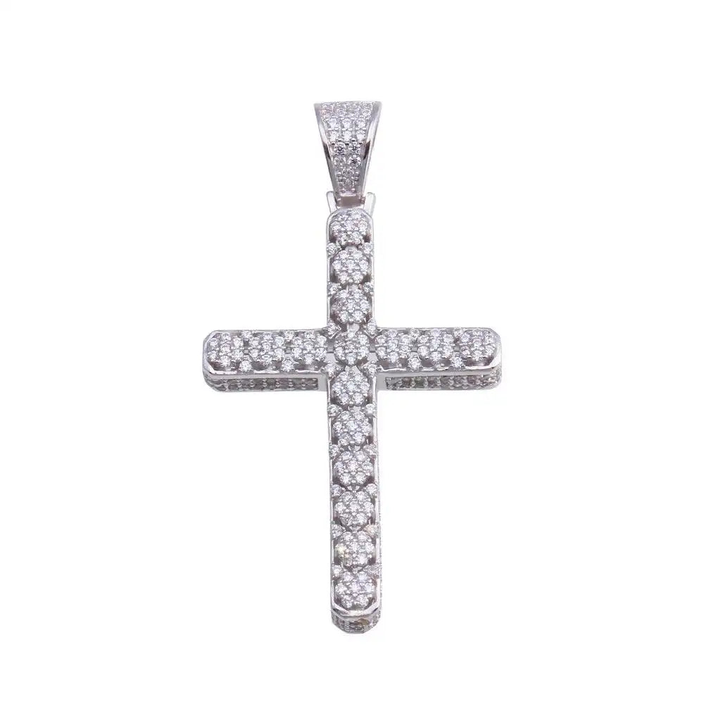 925 Sterling Silver Rhodium Plated CZ Cross Hip Hop Pendant
