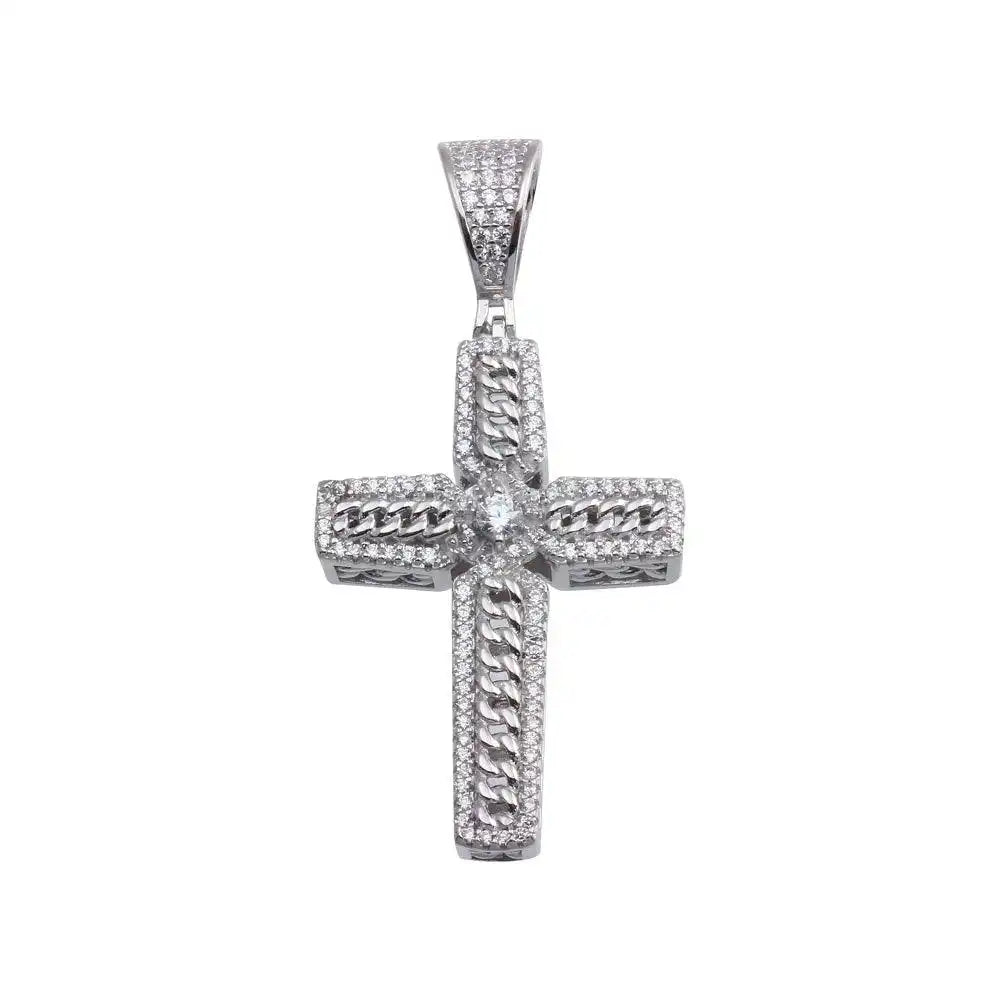 925 Sterling Silver Rhodium Plated CZ Chain Cross Hip Hop Pendant