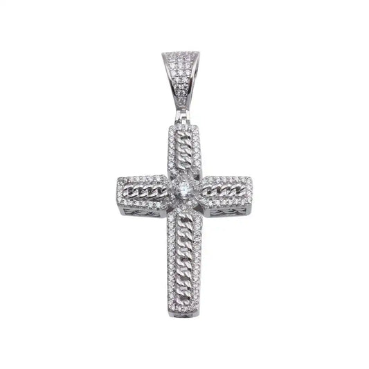 925 Sterling Silver Rhodium Plated CZ Chain Cross Hip Hop Pendant