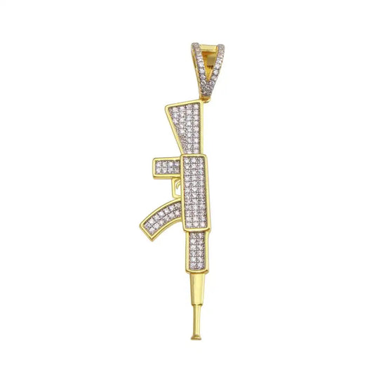 925 Sterling Silver Gold Plated CZ Gun Hip Hop Pendant