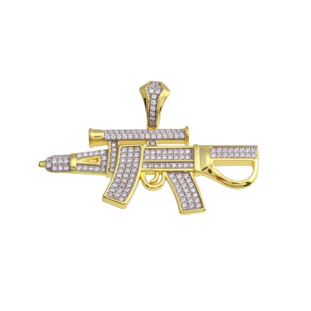 925 Sterling Silver Gold Plated CZ Gun Hip Hop Pendant