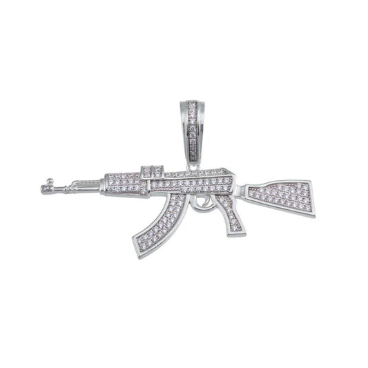 925 Sterling Silver Rhodium Plated Riffle CZ Hip Hop Pendant