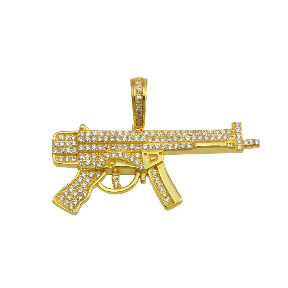 925 Sterling Silver Gold Plated CZ Gun Hip Hop Pendant