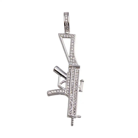 925 Sterling Silver Rhodium Plated Riffle CZ Hip Hop Pendant