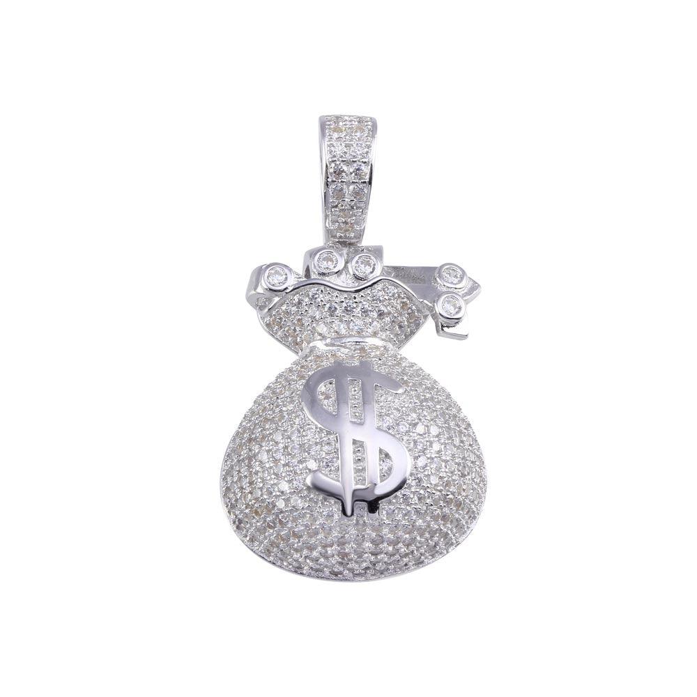 925 Sterling Silver Rhodium Plated CZ Money Bag Hip Hop Pendant