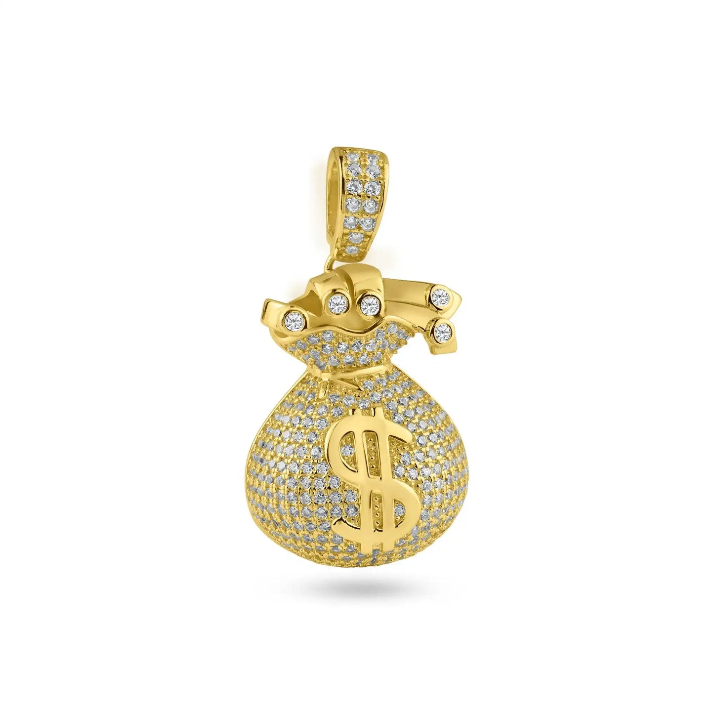 925 Sterling Silver Gold Plated CZ Money Bag Hip Hop Pendant