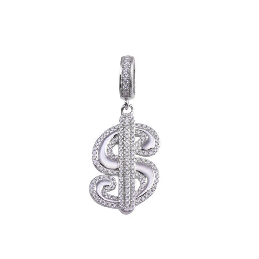 925 Sterling Silver Rhodium Plated CZ Small Dollar Sign Hip Hop Pendant