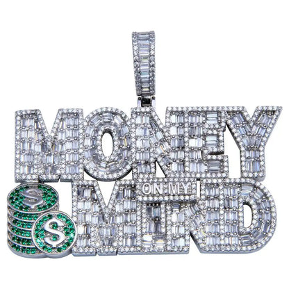 925 Sterling Silver Rhodium Plated CZ MONEY ON MY MIND Hip Hop Pendant