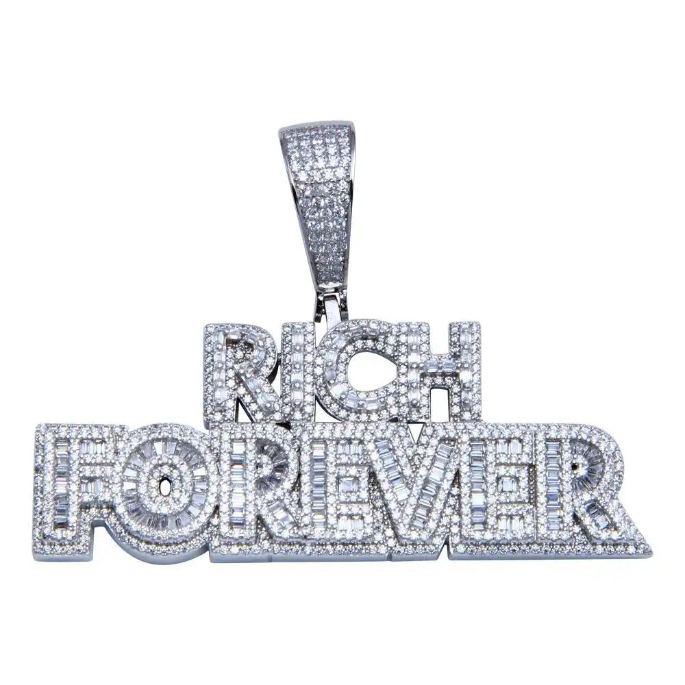 925 Sterling Silver Rhodium Plated CZ FOREVER RICH Hip Hop Pendant