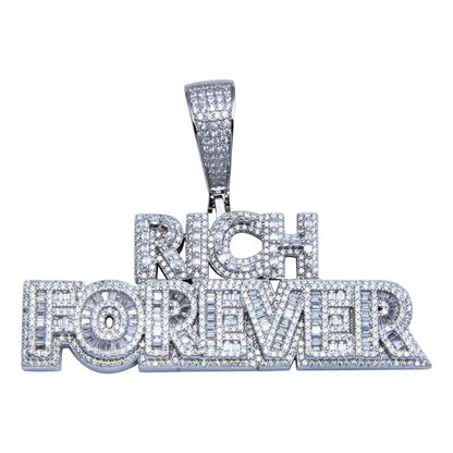 925 Sterling Silver Rhodium Plated CZ FOREVER RICH Hip Hop Pendant