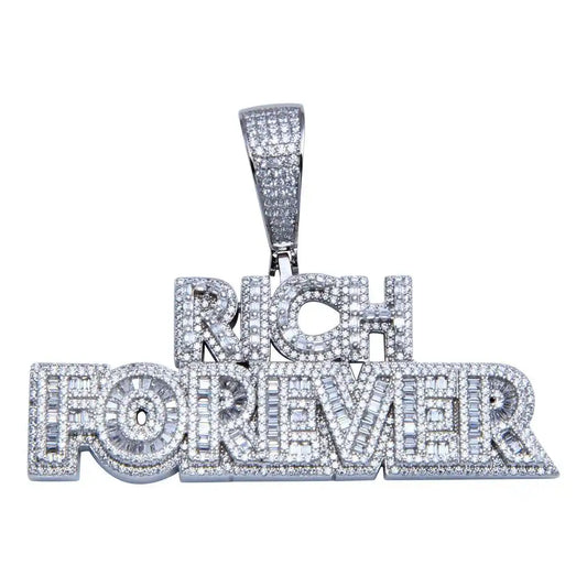 925 Sterling Silver Rhodium Plated CZ FOREVER RICH Hip Hop Pendant