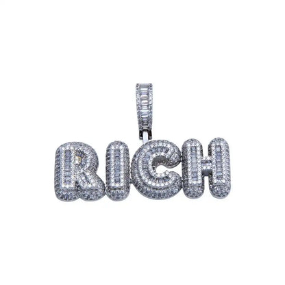 925 Sterling Silver Rhodium Plated CZ RICH Hip Hop Pendant