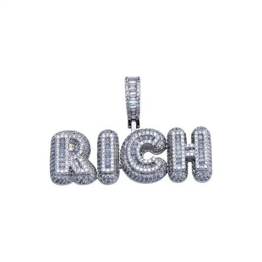 925 Sterling Silver Rhodium Plated CZ RICH Hip Hop Pendant
