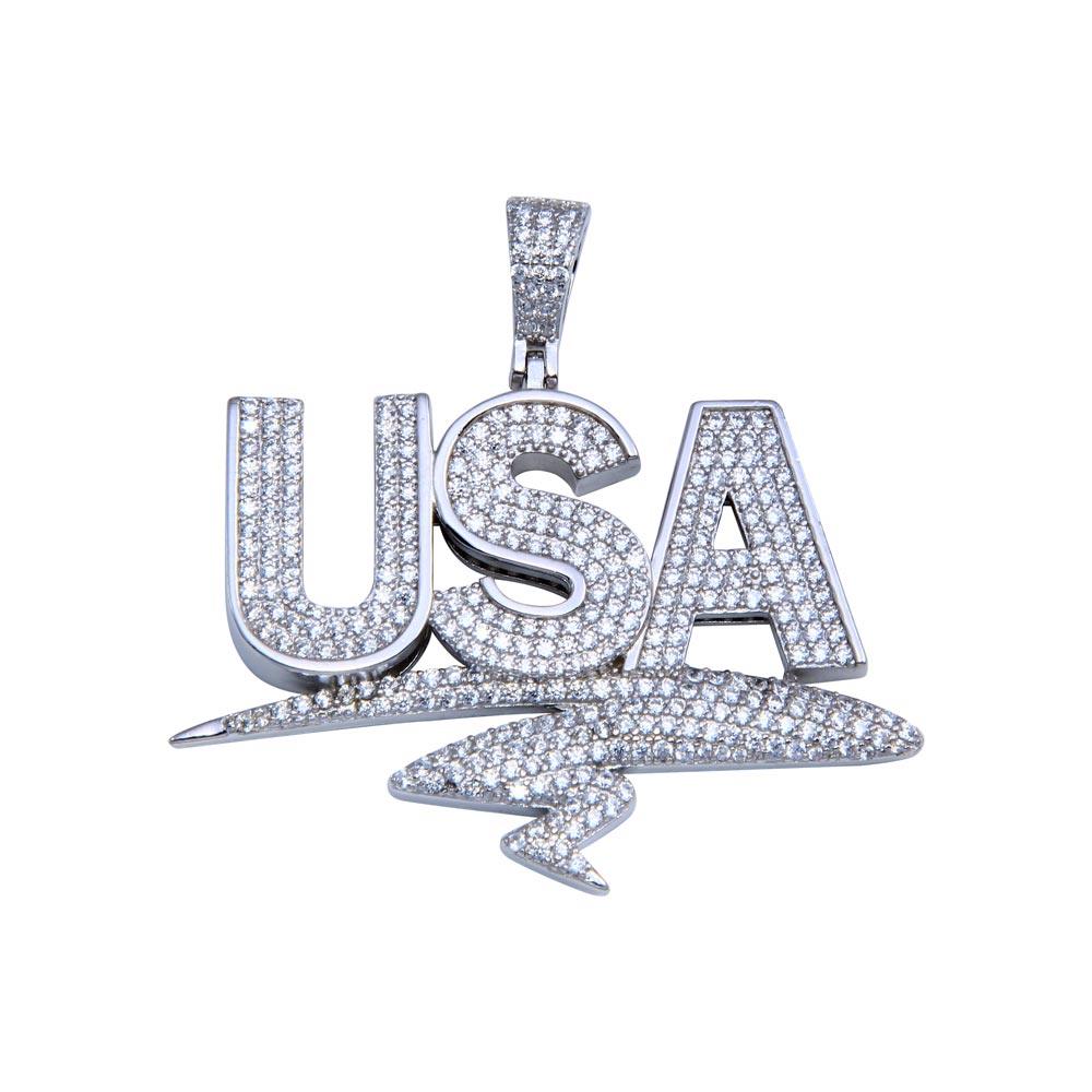 925 Sterling Silver Rhodium Plated CZ USA Hip Hop Pendant