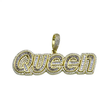 925 Sterling Silver Gold Plated CZ QUEEN Hip Hop Pendant