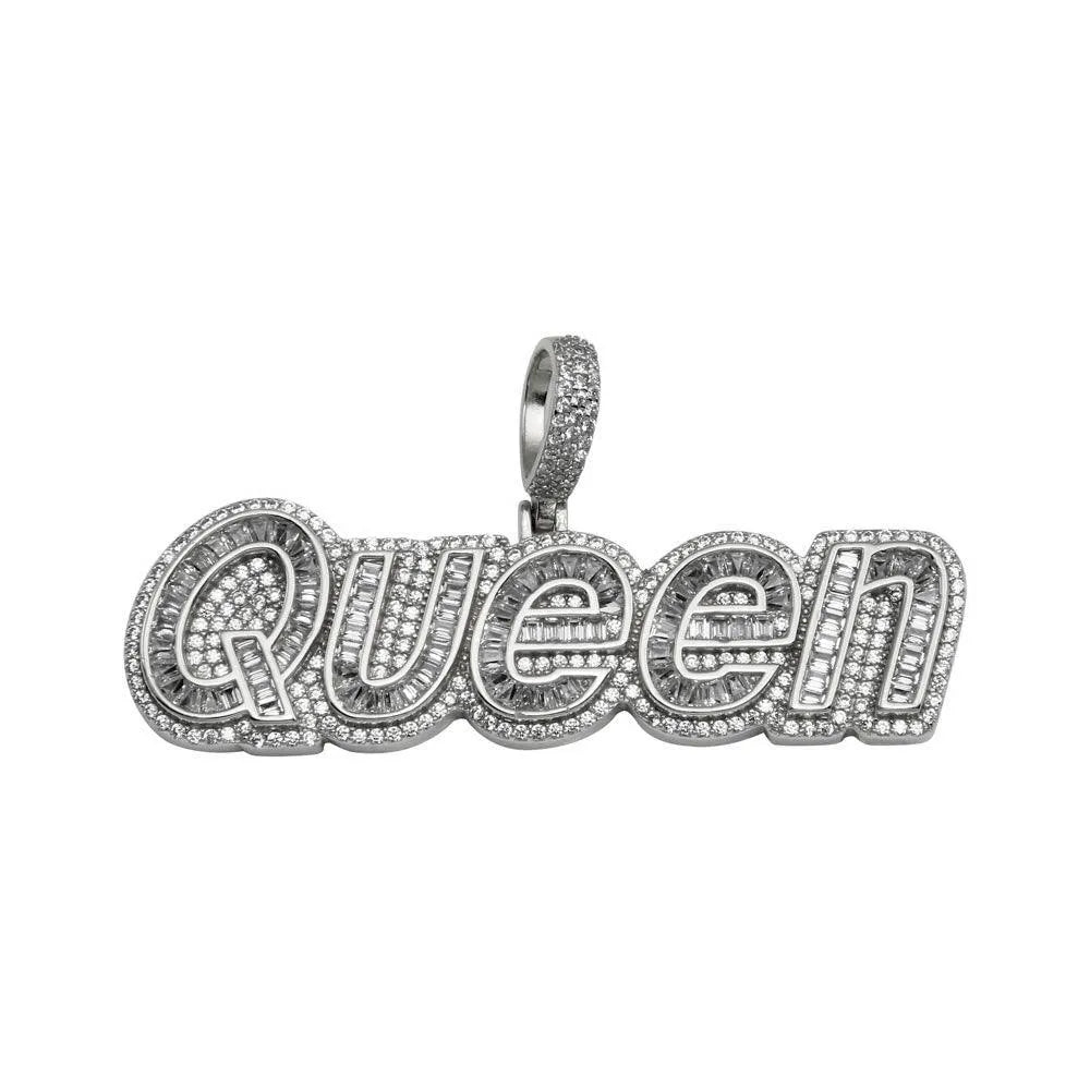 925 Sterling Silver Rhodium Plated CZ QUEEN Hip Hop Pendant