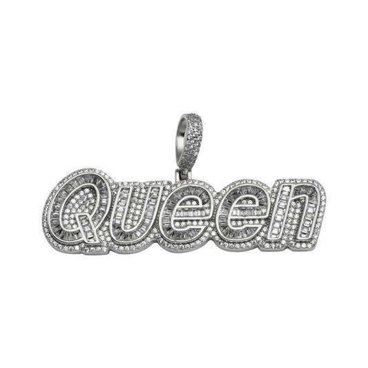 925 Sterling Silver Rhodium Plated CZ QUEEN Hip Hop Pendant