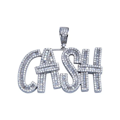 925 Sterling Silver Rhodium Plated CZ CASH Hip Hop Pendant
